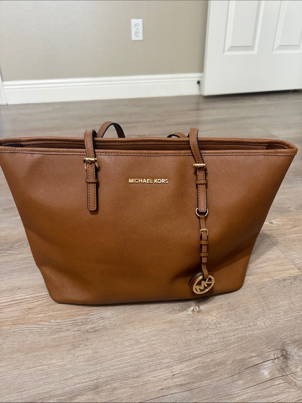 Michael Kors Tan Saffiano Leather Tote with Gold Logo Charm